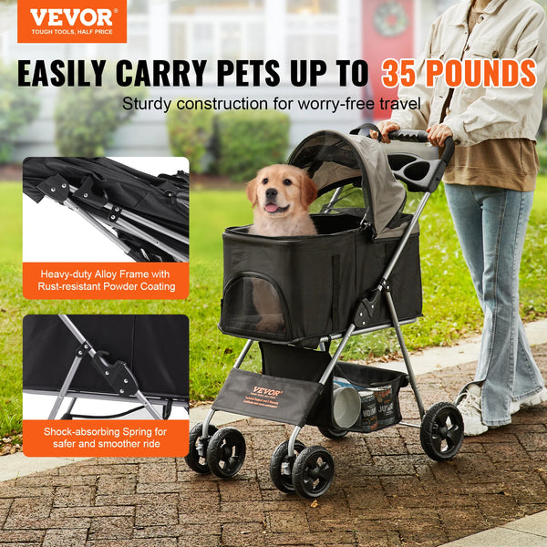 VEVOR 35lbs 4 Wheels Pet Dog Stroller with Brakes Storage Basket Cup Holder Puppy Stroller for Cats Travel Dogs Accessories