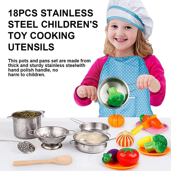 18pcs Boys Girls Fun Stainless Steel Kids Kitchen Playset Pot Pretend Play Toy Chef Hat Cooking Utensils