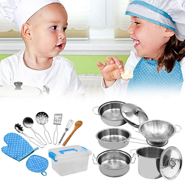 18pcs Boys Girls Fun Stainless Steel Kids Kitchen Playset Pot Pretend Play Toy Chef Hat Cooking Utensils