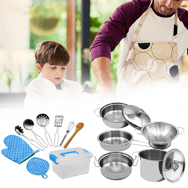 18pcs Boys Girls Fun Stainless Steel Kids Kitchen Playset Pot Pretend Play Toy Chef Hat Cooking Utensils